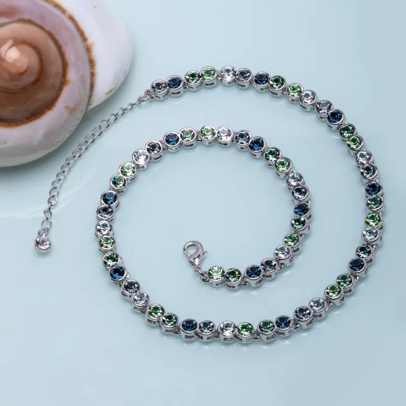 Blue Green Mix Swarovski Crystal Circular Tennis Necklace sold by Ruumur