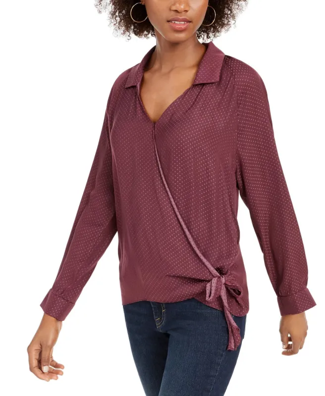 LEYDEN Women's Tie Polka Dot Long Sleeve Collared Wrap Top Purple Size Medium sold by Ruumur