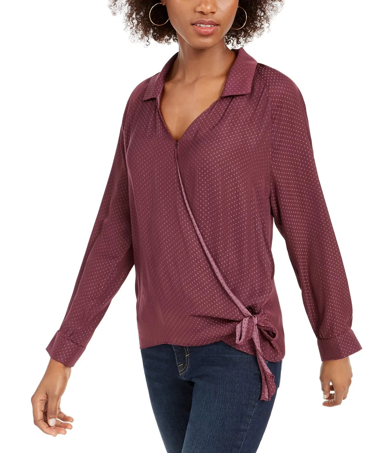 LEYDEN Women's Tie Polka Dot Long Sleeve Collared Wrap Top Purple Size Medium sold by Ruumur