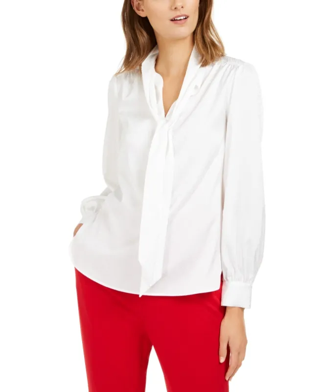Calvin Klein Women's Jacquard Bow Neck Blouse White Size Large sold by Ruumur