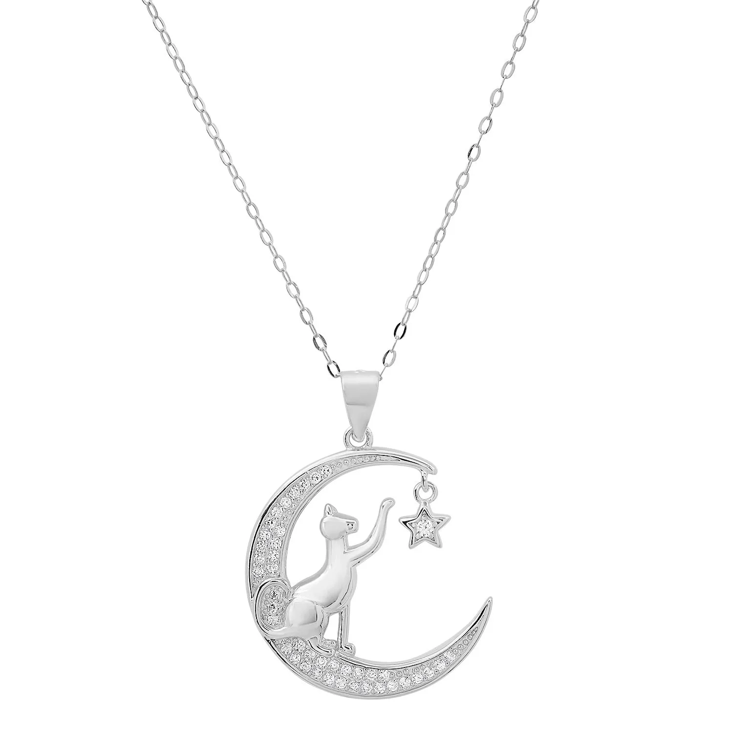 Sterling Silver Dangling Moon/Star Cat CZ Pendant Necklace sold by Ruumur