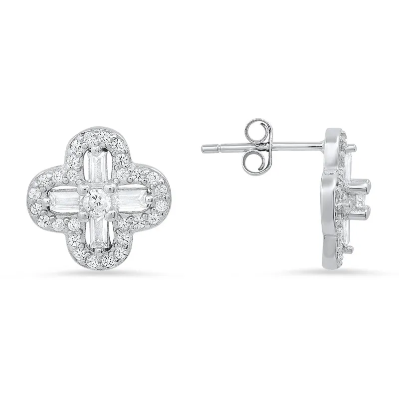 Sterling Silver Baguette-cut Clover CZ Stud Earrings sold by Ruumur