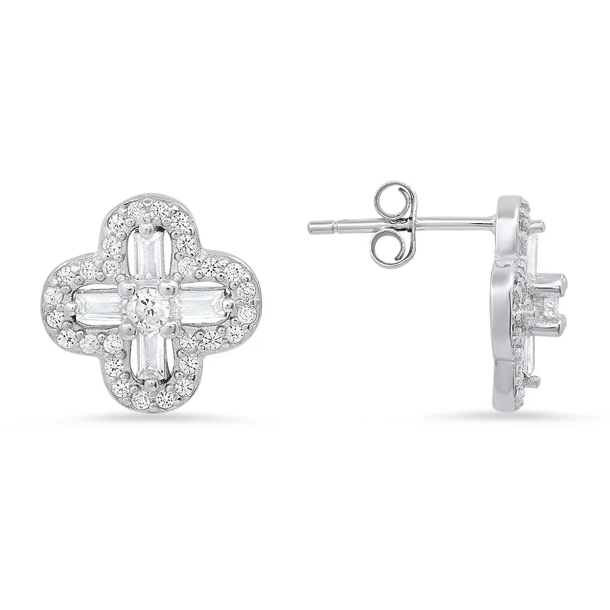 Sterling Silver Baguette-cut Clover CZ Stud Earrings sold by Ruumur