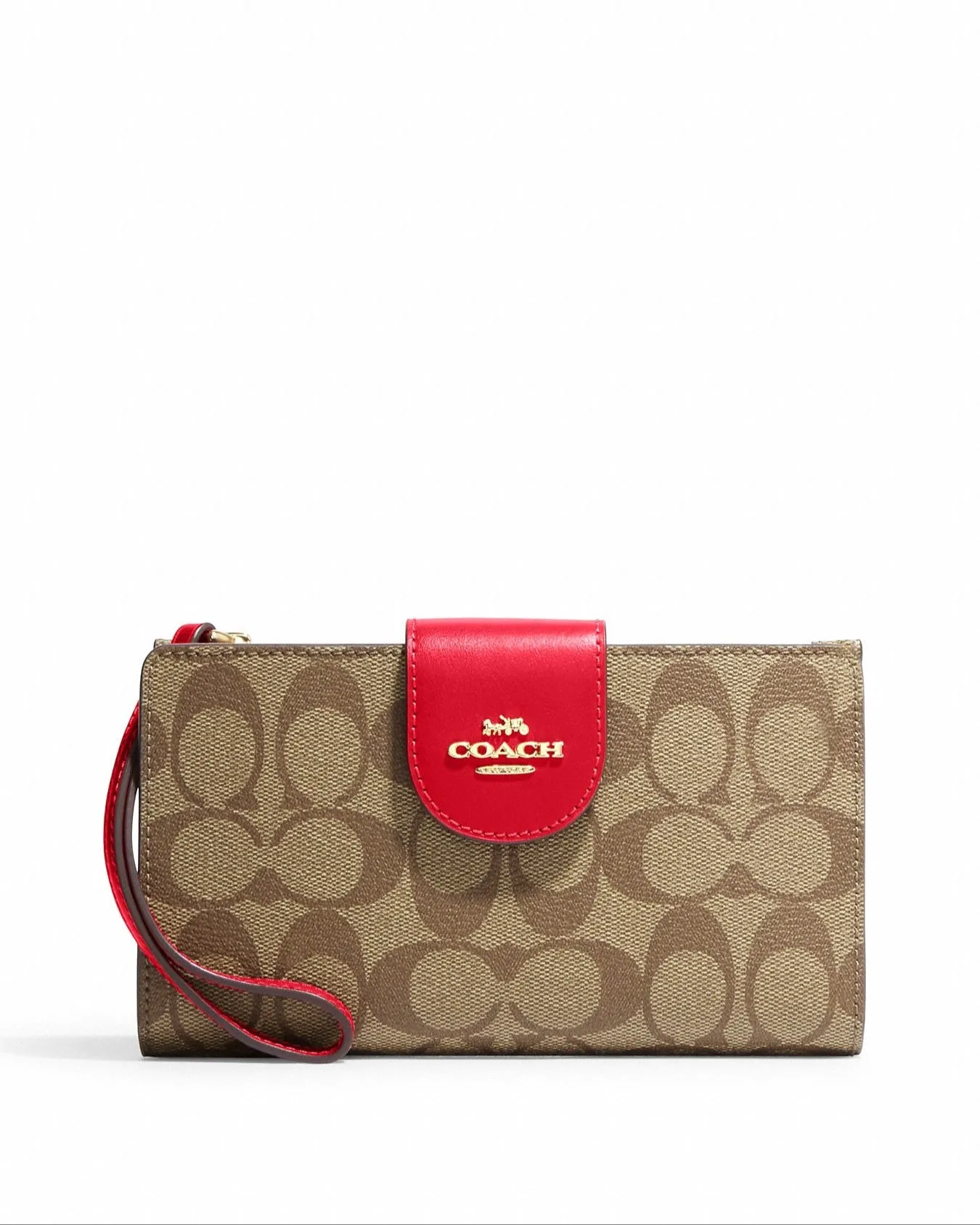 Coach Women's Khaki & Electric Red Tech Wallet In Colorblock Signature Canvas sold by Ruumur