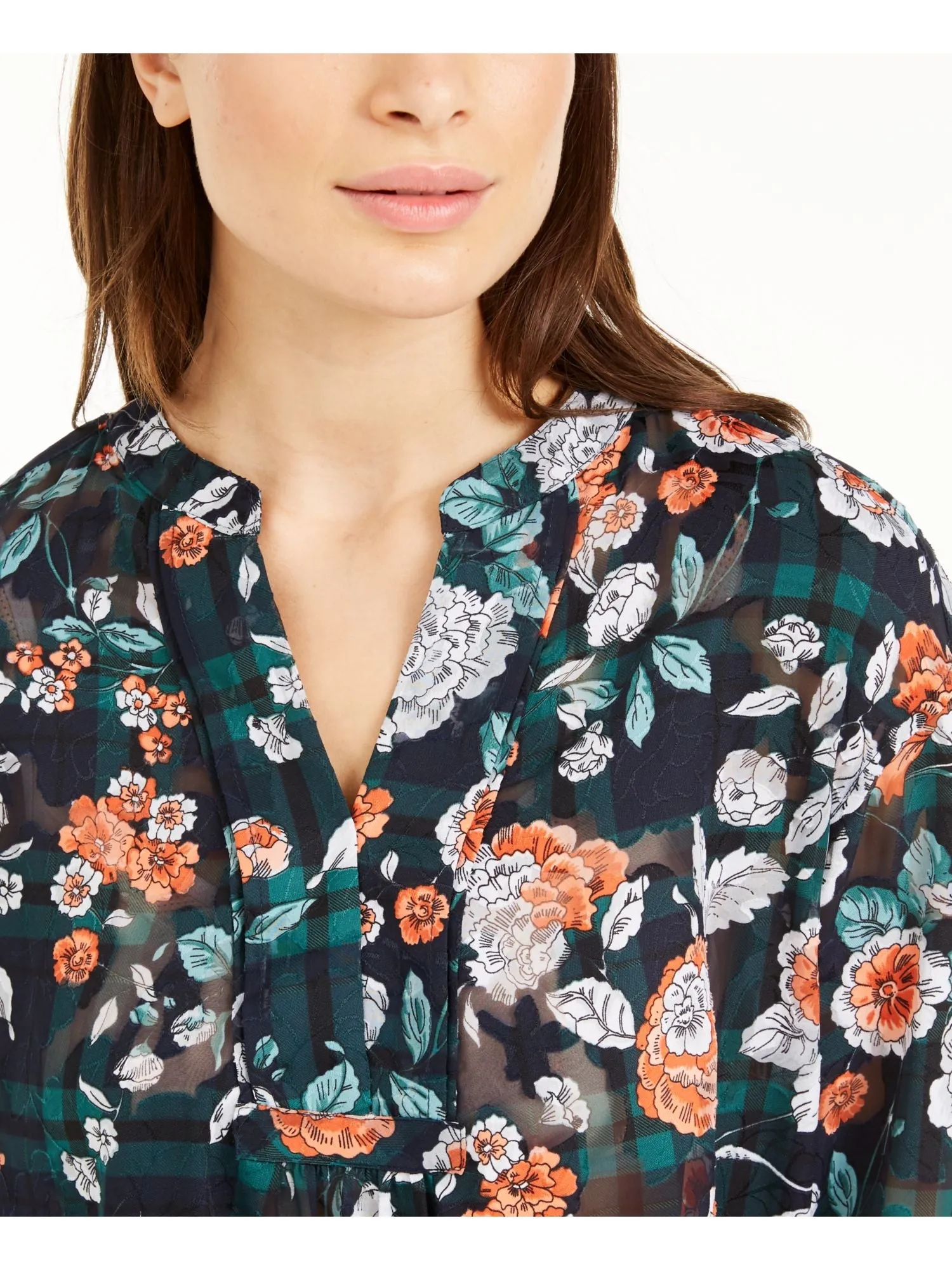 Tommy Hilfiger Women's Floral Long Sleeve V Neck Top Green Size Large sold by Ruumur product image thumbnail 3