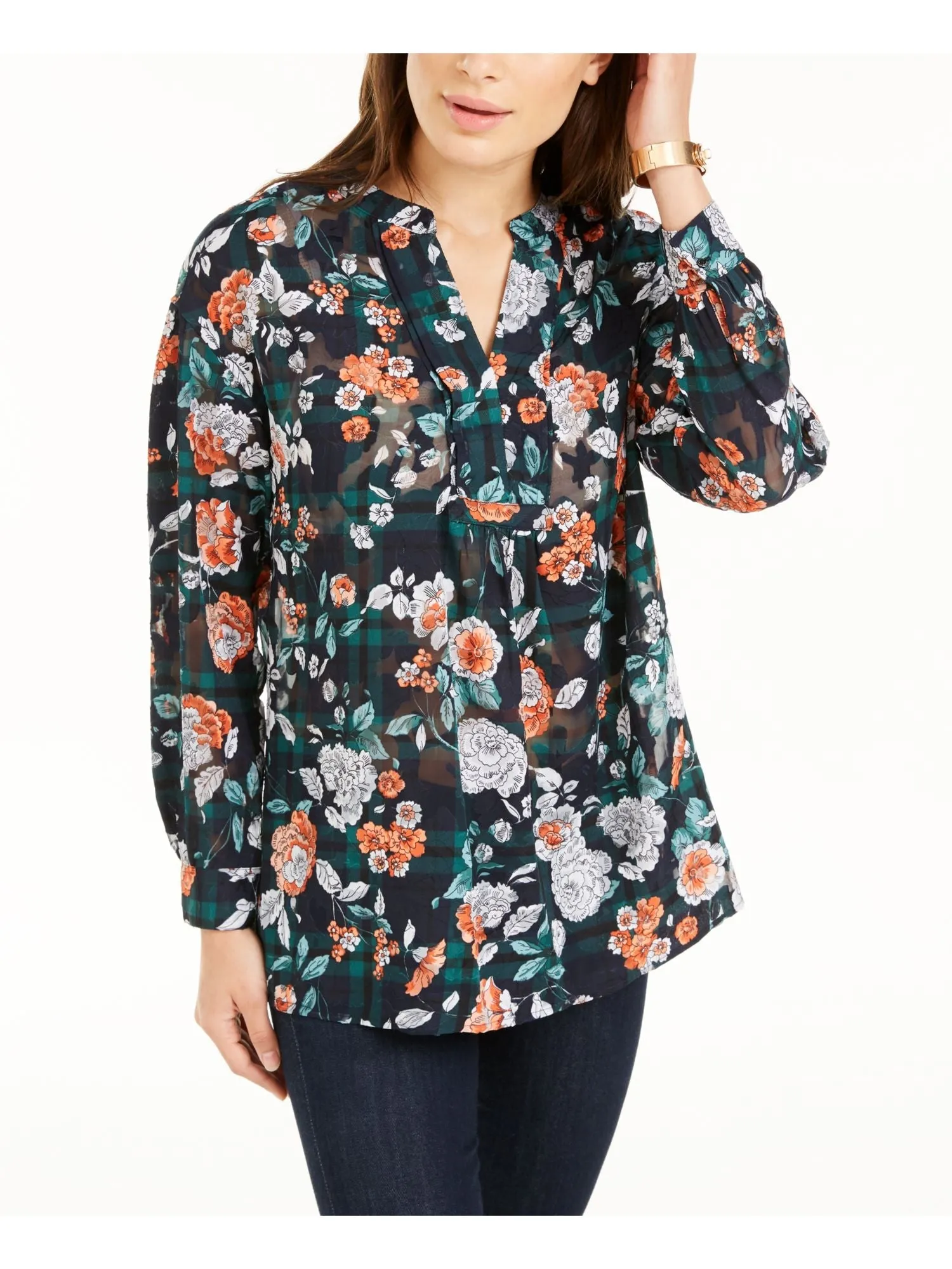 Tommy Hilfiger Women's Floral Long Sleeve V Neck Top Green Size Large sold by Ruumur