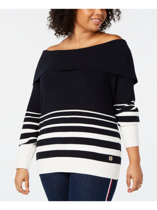 Tommy Hilfiger Women's Plus Striped Off the Shoulder Sweater Blue Size 2XL sold by Ruumur