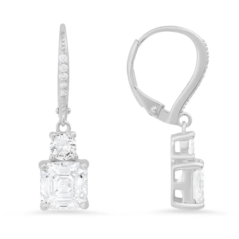 Sterling Silver Round & Asscher-cut CZ Leverback Earrings sold by Ruumur