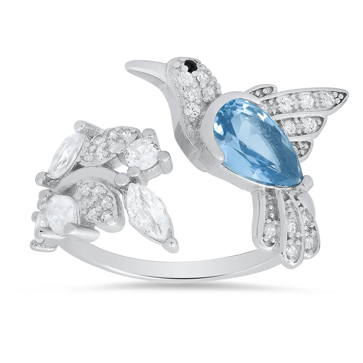 Sterling Silver Aqua CZ Hummingbird Ring sold by Ruumur