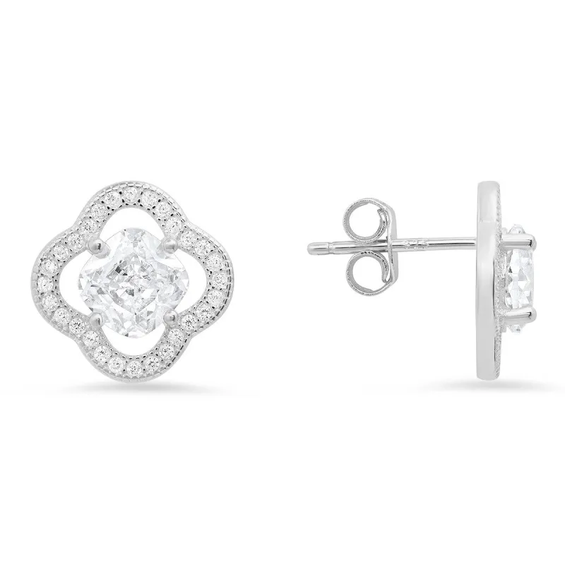 Sterling Silver Cushion-cut Flower CZ Stud Earrings sold by Ruumur