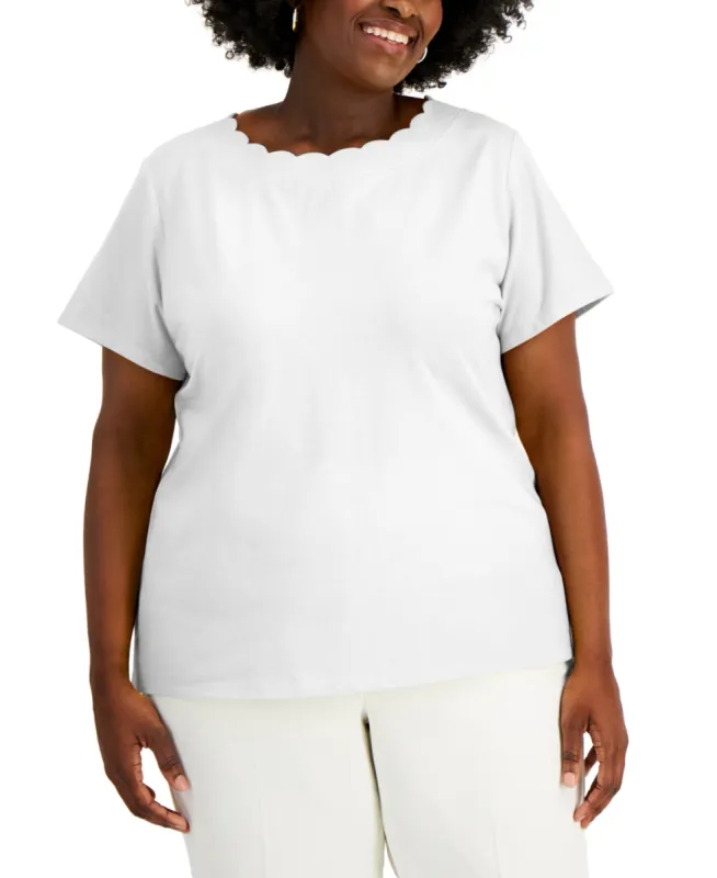 Anne Klein Women's Scalloped Short Sleeve Round Neck T-Shirt White Size 3X sold by Ruumur