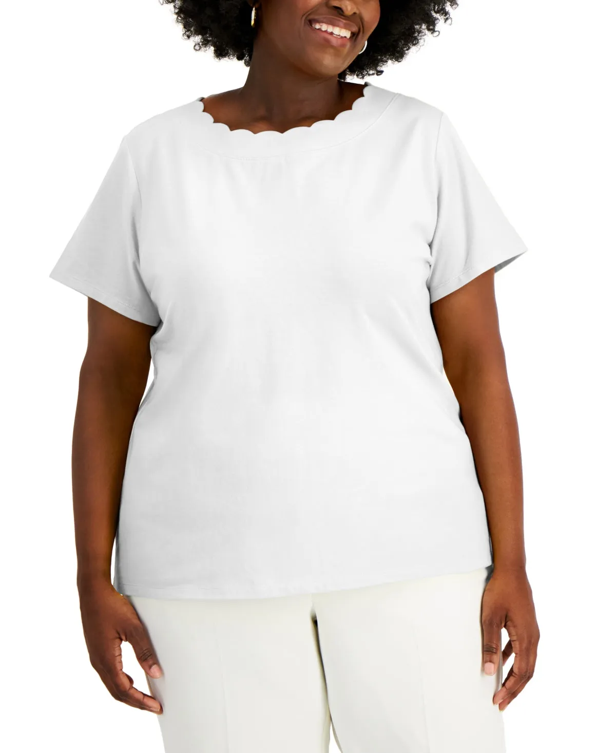 Anne Klein Women's Scalloped Short Sleeve Round Neck T-Shirt White Size 3X sold by Ruumur