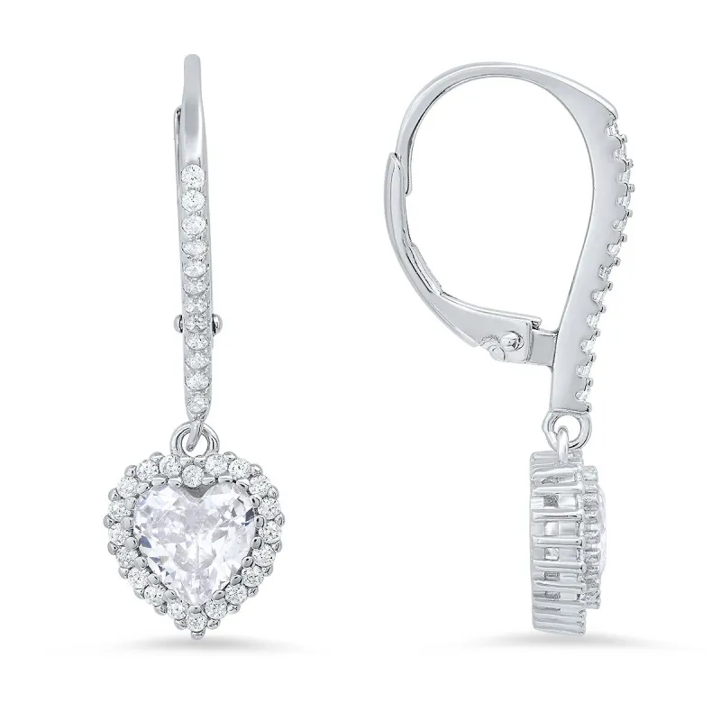 Sterling Silver Heart-cut Birthstone CZ Halo Leverback Earrings sold by Ruumur