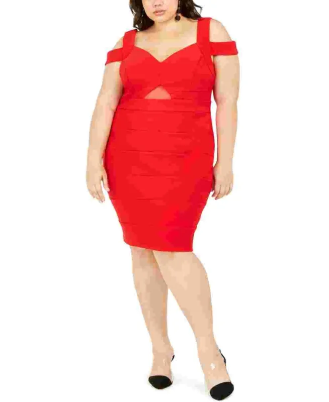 Emerald Sundae Women's Cold Shoulder Cut Out Sleeveless Sweetheart Neckline Below The Knee Body Con Cocktail Dress Red Size 1X sold by Ruumur