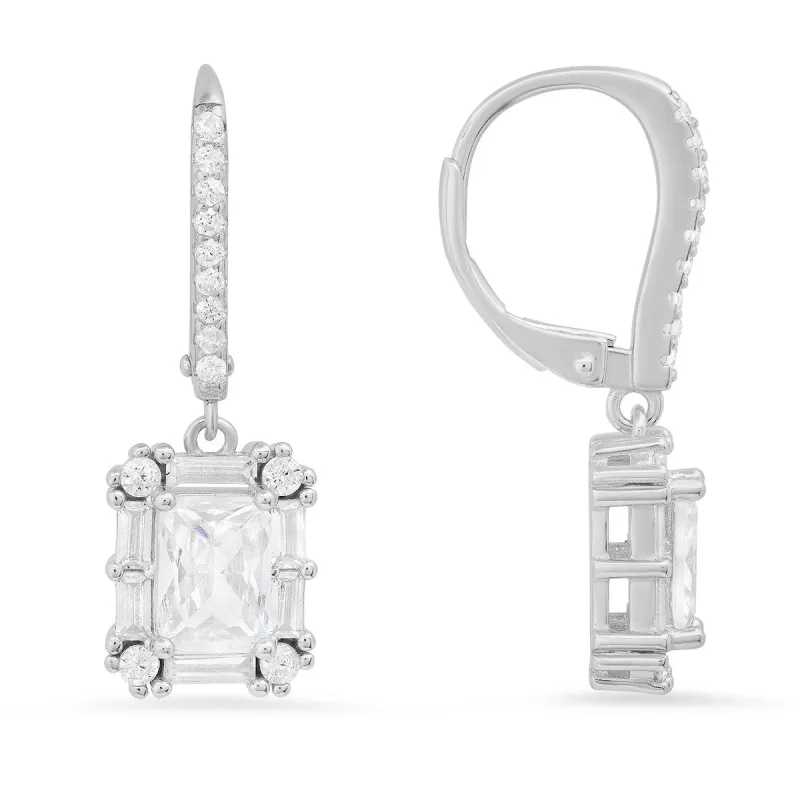 Sterling Silver Emerald-cut CZ Halo Leverback Earrings sold by Ruumur