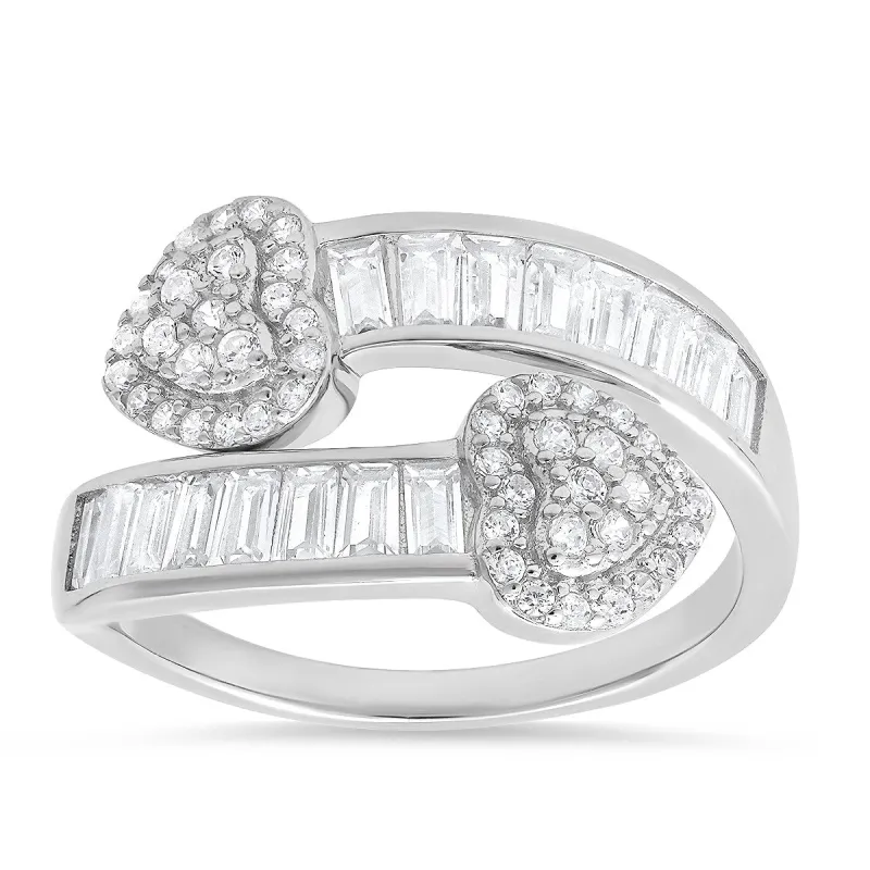 Sterling Silver Baguette CZ Heart Bypass Ring made by Ruumur