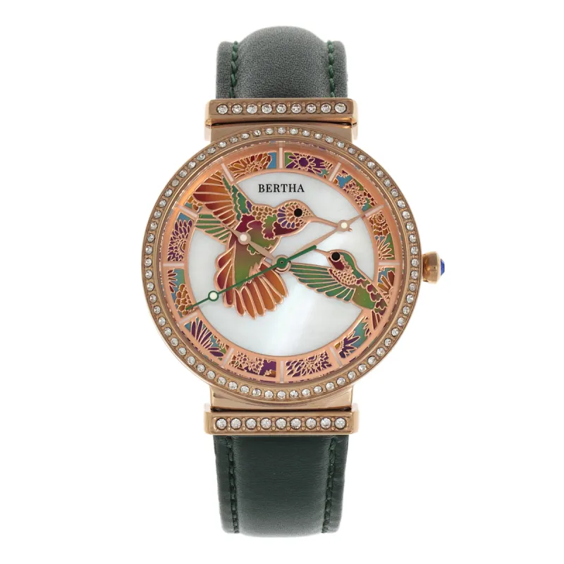 Bertha Emily Mother-Of-Pearl Leather-Band Watch - Rose Gold/Green sold by Ruumur