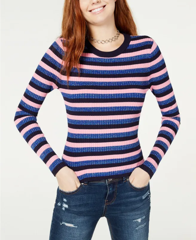 Hooked Up By Women's Iot Juniors' Shine Striped Rib-Knit Sweater Pink Size Large sold by Ruumur