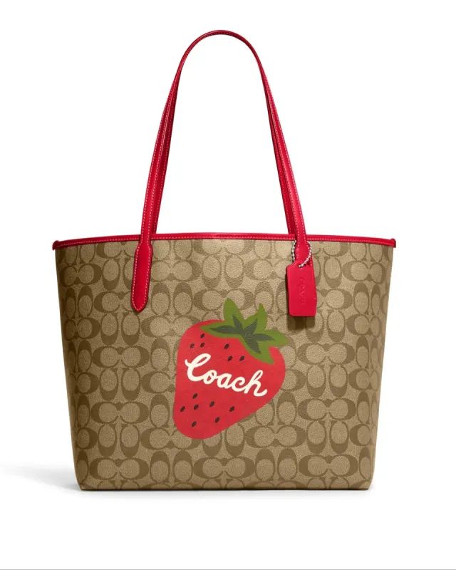 Coach Women's Khaki & Electric Red City Tote In Signature Canvas With Wild Strawberry sold by Ruumur