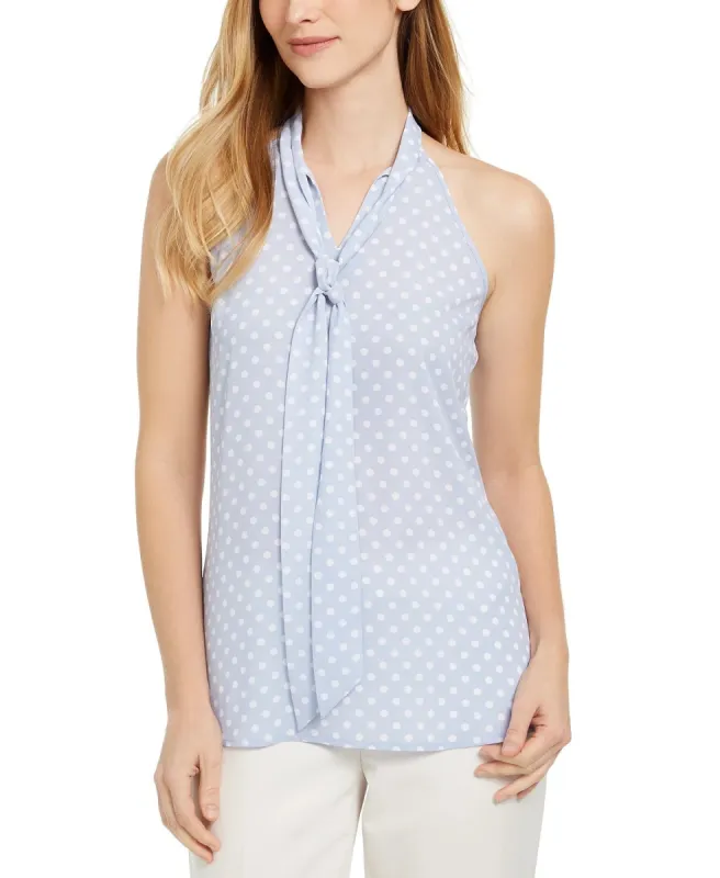 Calvin Klein Women's X-Fit Slim Fit Dot Print Tie Neck Top Blue Size XX-Small sold by Ruumur
