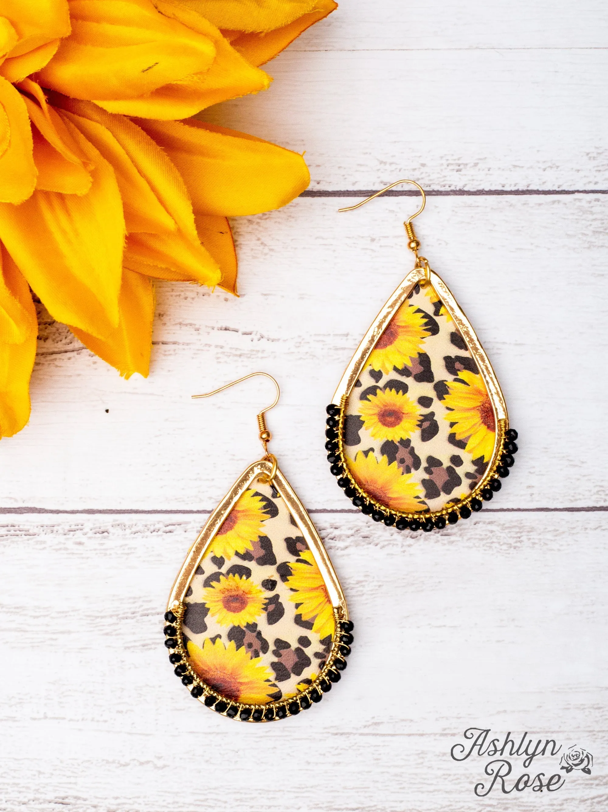 IN MY DAISY DUKES SUNFLOWER LEOPARD TEARDROP GOLD EARRINGS sold by Ruumur product image thumbnail 2