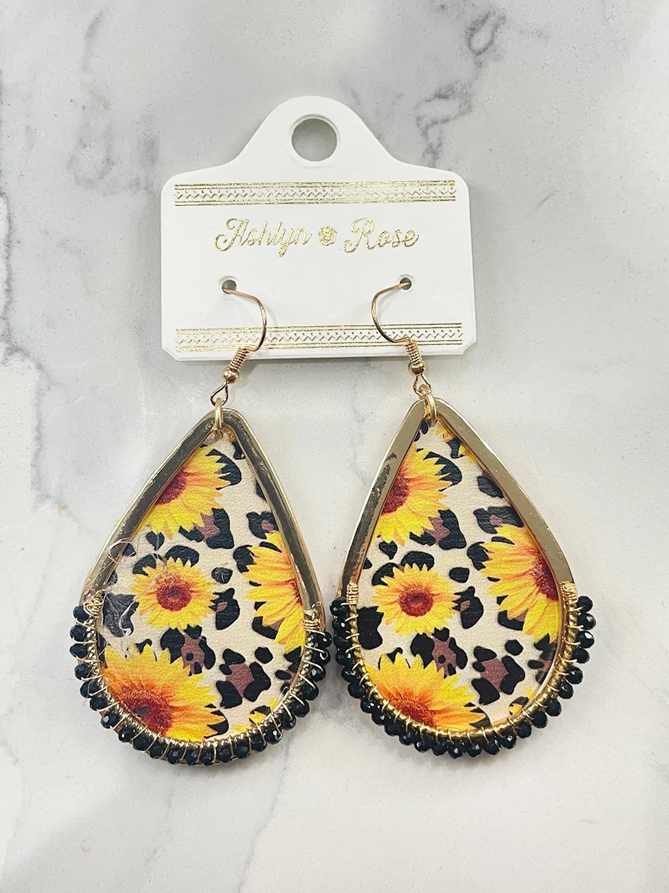 IN MY DAISY DUKES SUNFLOWER LEOPARD TEARDROP GOLD EARRINGS sold by Ruumur