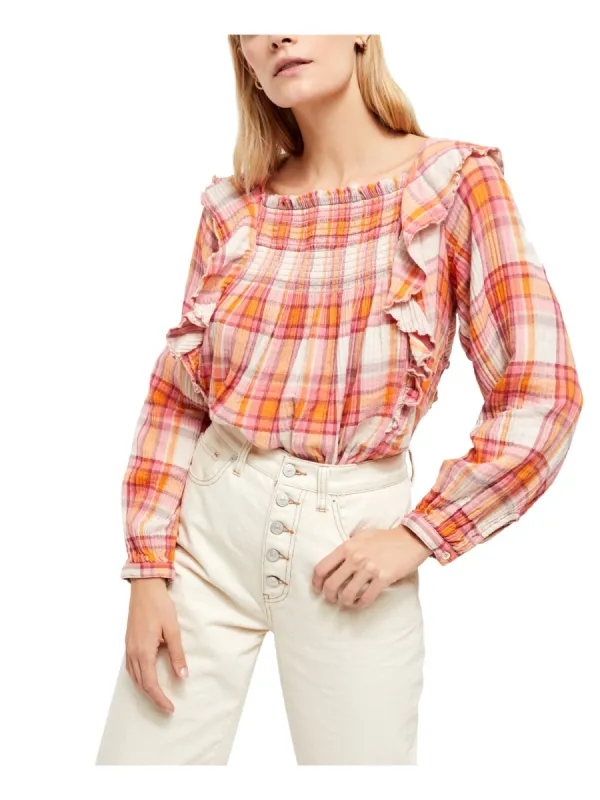 Free People Womens Plaid Long Sleeve Square Neck Top Orange Size Large sold by Ruumur
