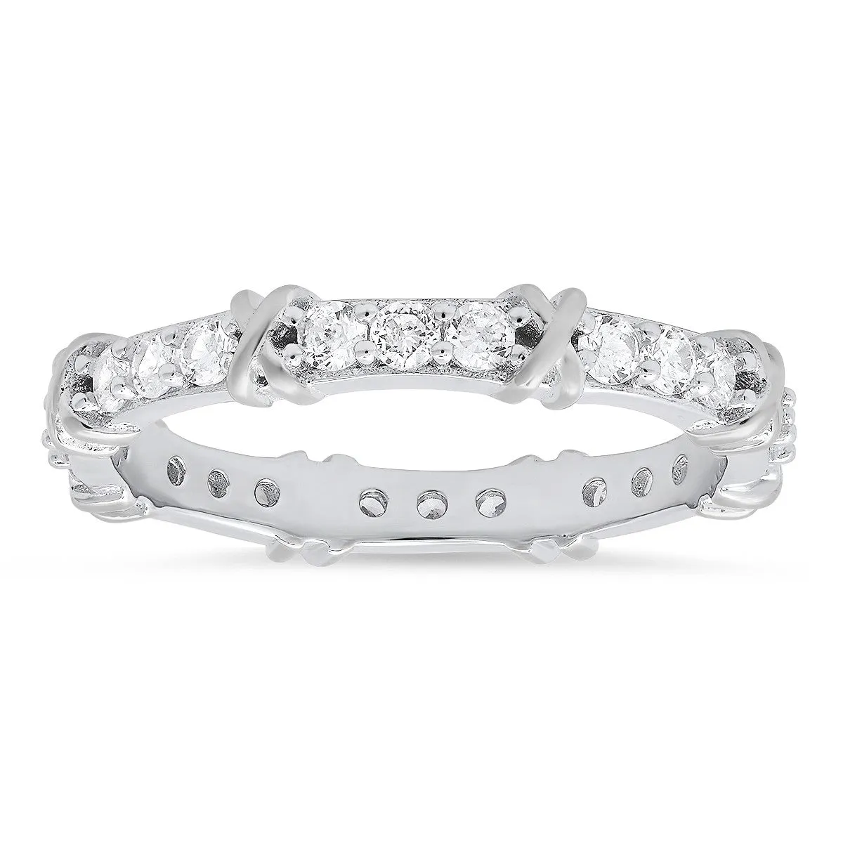 Sterling Silver Round-cut CZ "X" Stackable Eternity Band Ring sold by Ruumur
