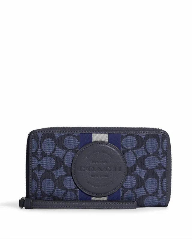 Coach Women's Denim & Midnight Navy Multi Dempsey Large Phone Wallet In Signature Jacquard With Stripe And Coach Patch sold by Ruumur