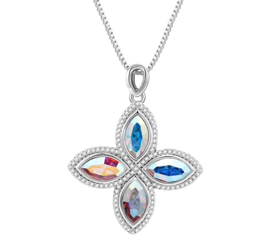 Aurora Borealis Swarovski Crystal Flower Pendant Necklace sold by Ruumur