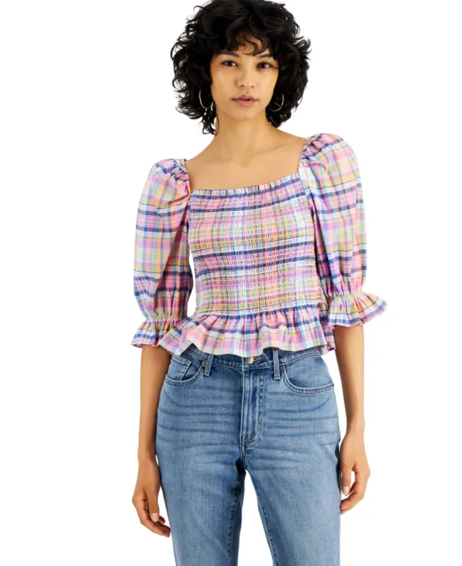 Tommy Hilfiger Women's Cotton Plaid Smocked Top Pink Size Large sold by Ruumur