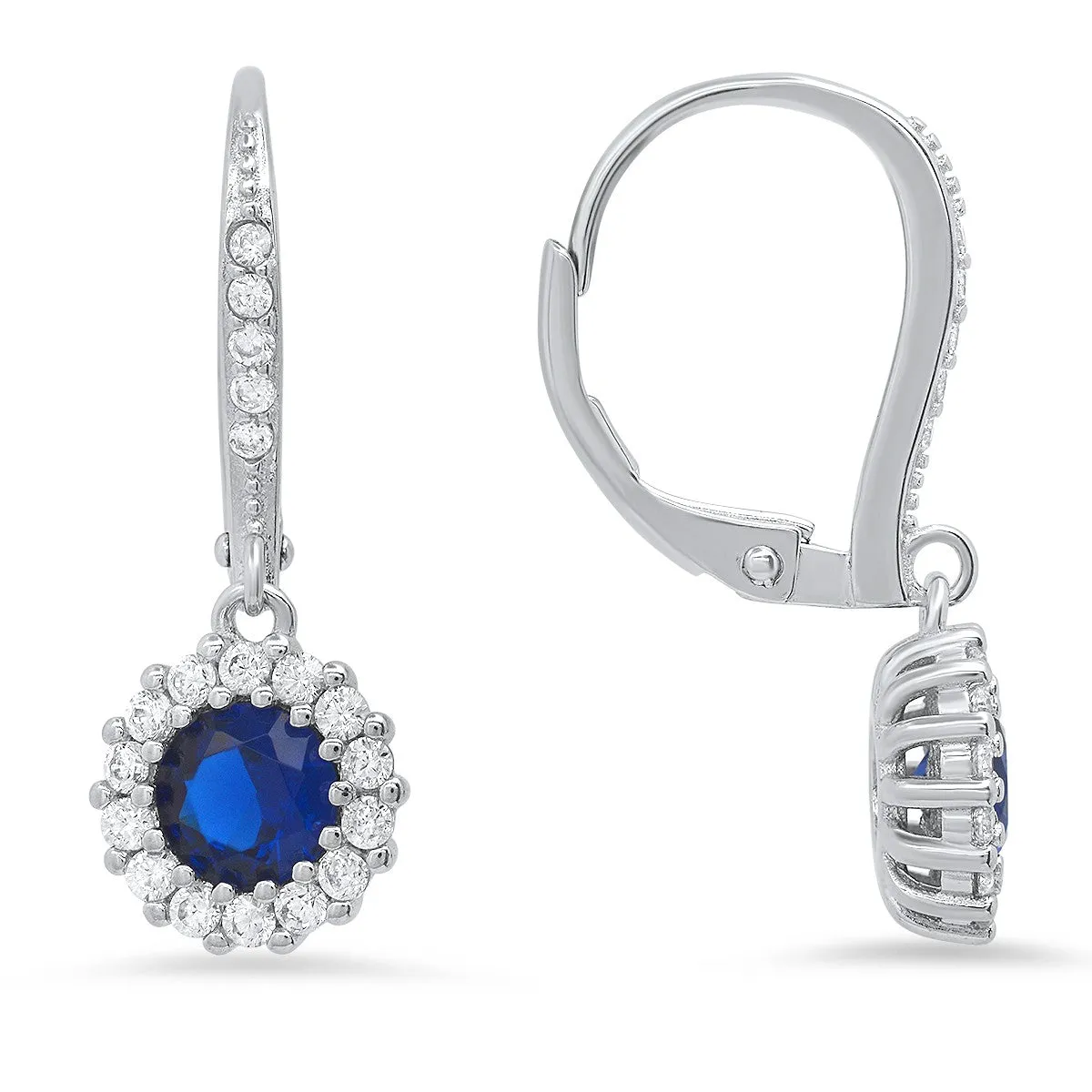 Sterling Silver Sapphire CZ Halo Leverback Earrings sold by Ruumur