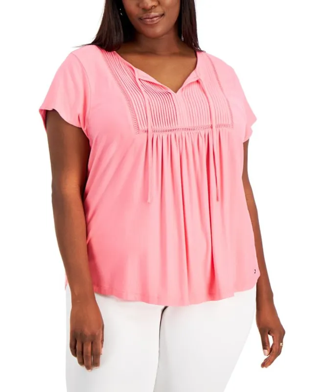 Tommy Hilfiger Women's Plus Pintucked Ladder Tee Pink Size 0X sold by Ruumur