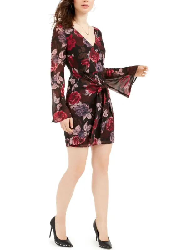Guess Women's Floral Bell Sleeve V Neck Short Wrap Dress Party Dress Black Size Extra Small sold by Ruumur