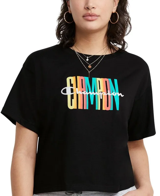 Champion Women's Cropped Logo T-Shirt Black sold by Ruumur