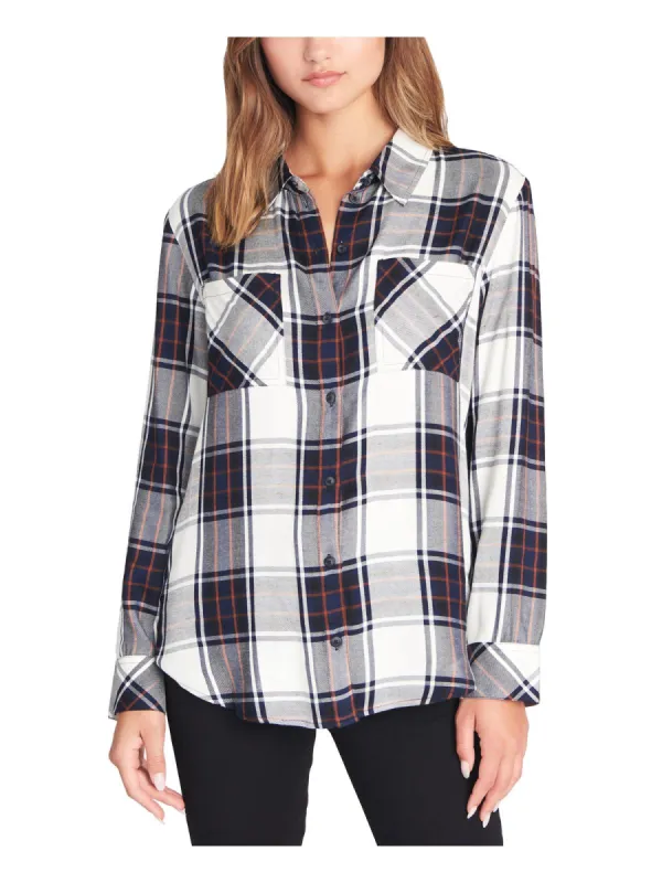 Sanctuary Women's Plaid Boyfriend Blouse White-Blue  Size Large sold by Ruumur