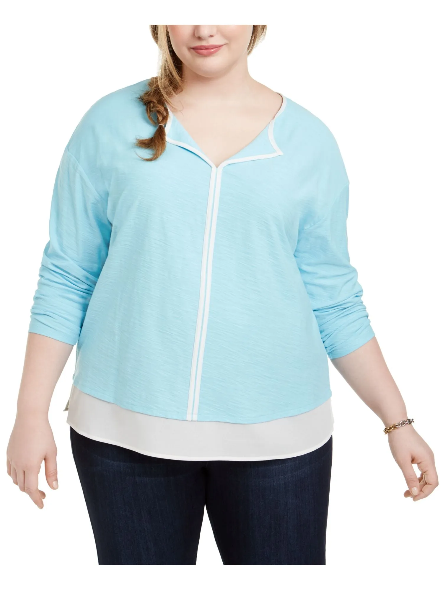 Tommy Hilfiger Women's Layered Heather Long Sleeve V Neck Tunic Wear to Work Top Blue Size 0X sold by Ruumur