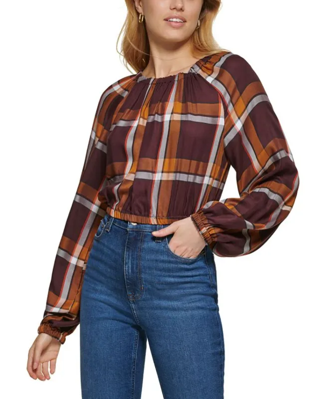 DKNY Women's Plaid Print Long Sleeve Peasant Top Brown Size XX-Small sold by Ruumur