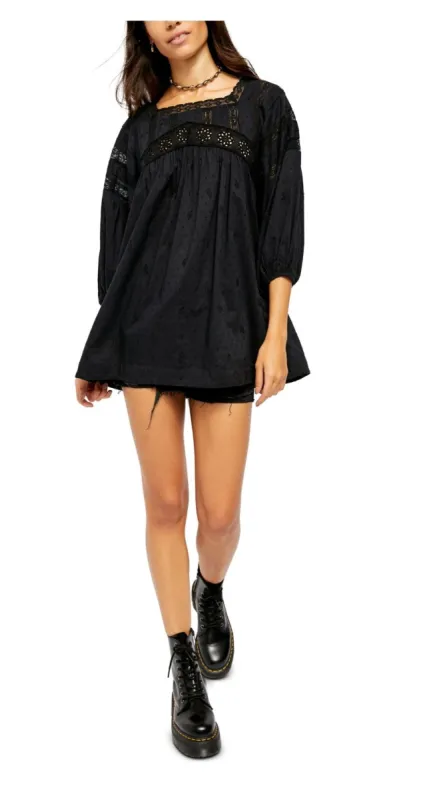 Free People Women's Lace Eyelet Buttons 3/4 Sleeve Square Neck Top Black Size Small sold by Ruumur