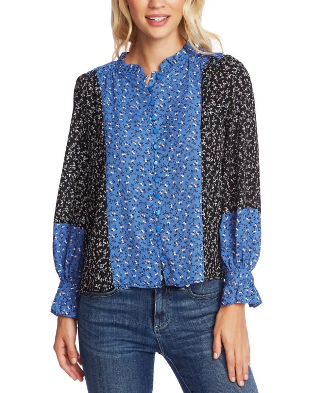 CeCe Women's Budding Floral Colorblock Long Sleeve Top Blue Size Small made by Ruumur