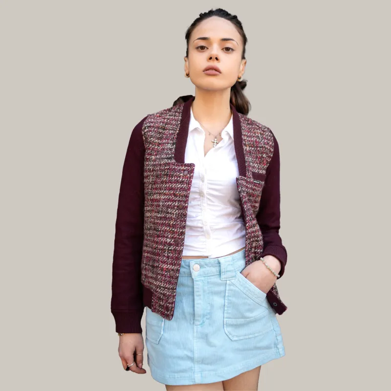 Women's Updated Tweed Varsity Jacket with Contrast Sleeve sold by Ruumur