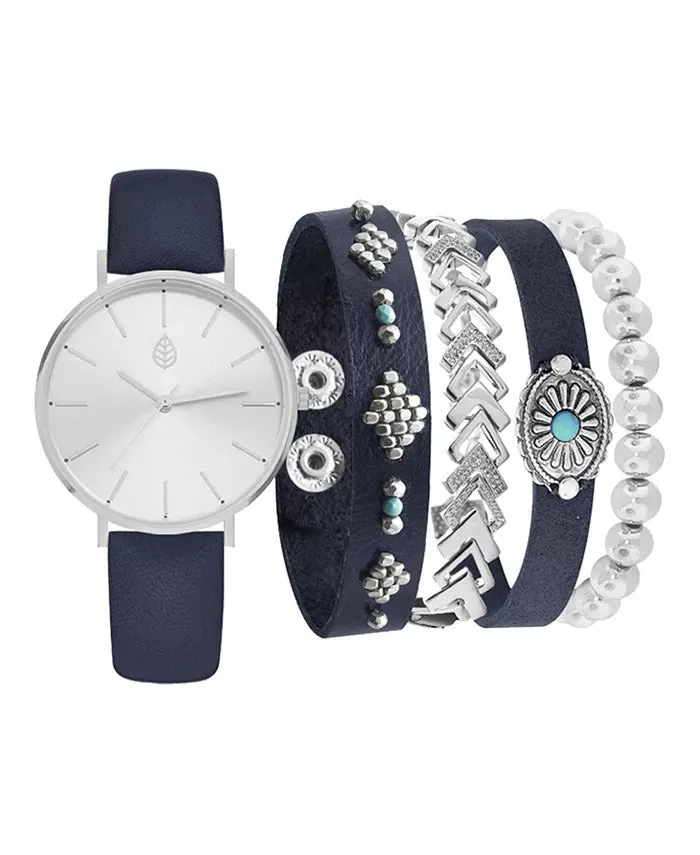 Jessica Carlyle Women's Analog Navy Strap Watch with Navy and Silver Tone Bracelets Set sold by Ruumur