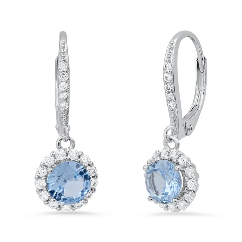 Sterling Silver Aquamarine CZ Halo Leverback Earring sold by Ruumur