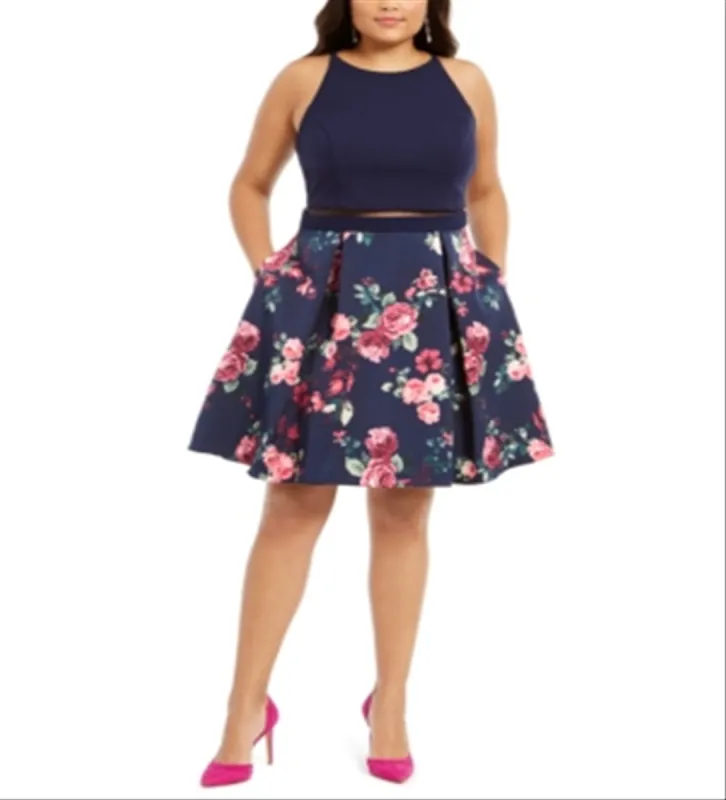 B Darlin Women's Llusion Floral Print Fit Flare Dress Blue Size 22W sold by Ruumur