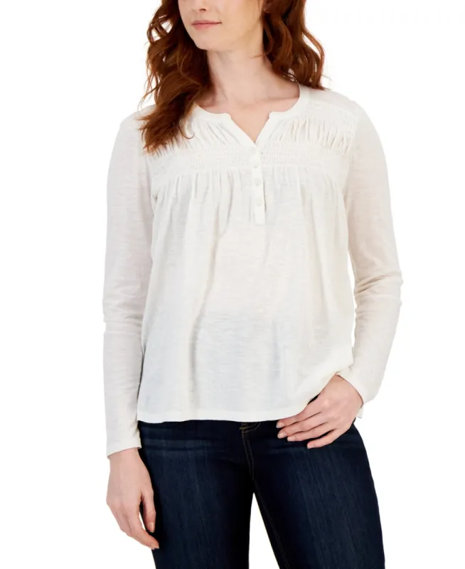 Style & Co Women's Knit Smocked Long Sleeve Top White Size Petite Large sold by Ruumur