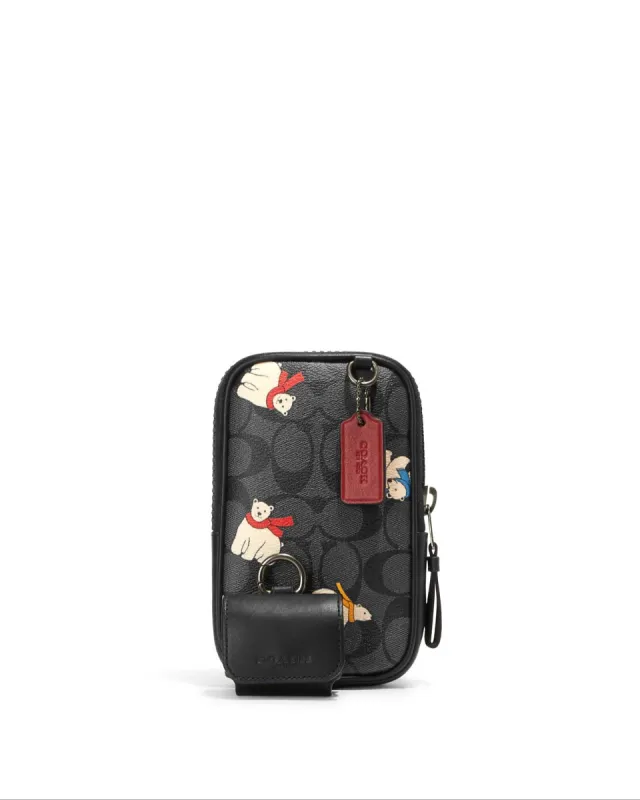 Coach Women's Black Antique Nickel & Charcoal & Ivory Multi Multifunction Phone Pack In Signature Canvas With Polar Bear Print made by Ruumur