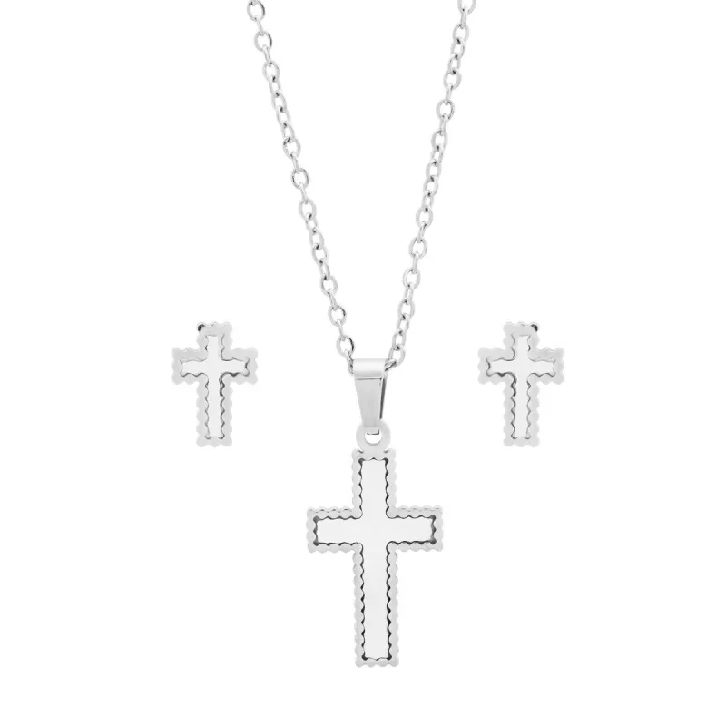 SteelTime Women's Stainless Steel And Mother Of Pearl Cross Earrings/Pendant Set made by Ruumur