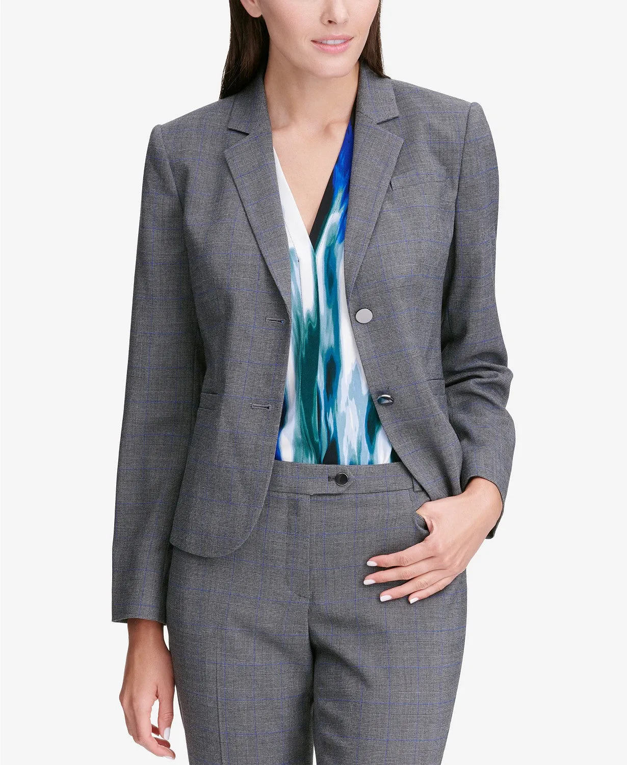 Calvin Klein Women's Glen Plaid Two-Button Jacket Silver Size 12 sold by Ruumur