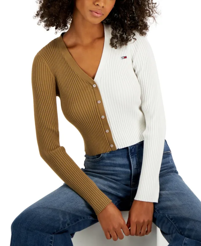 Tommy Jeans Women's V Neck Pullover Colorblock Sweater Beige Size Large sold by Ruumur