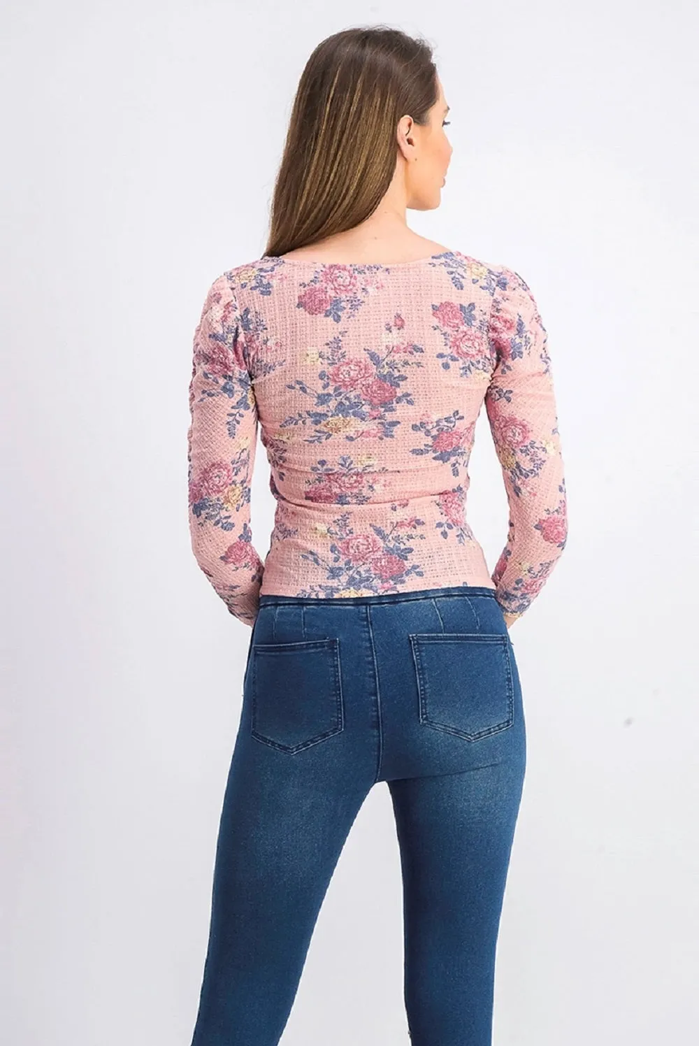 Crave Fame Junior's Ruched Floral Top Pink Size Small sold by Ruumur product image thumbnail 2